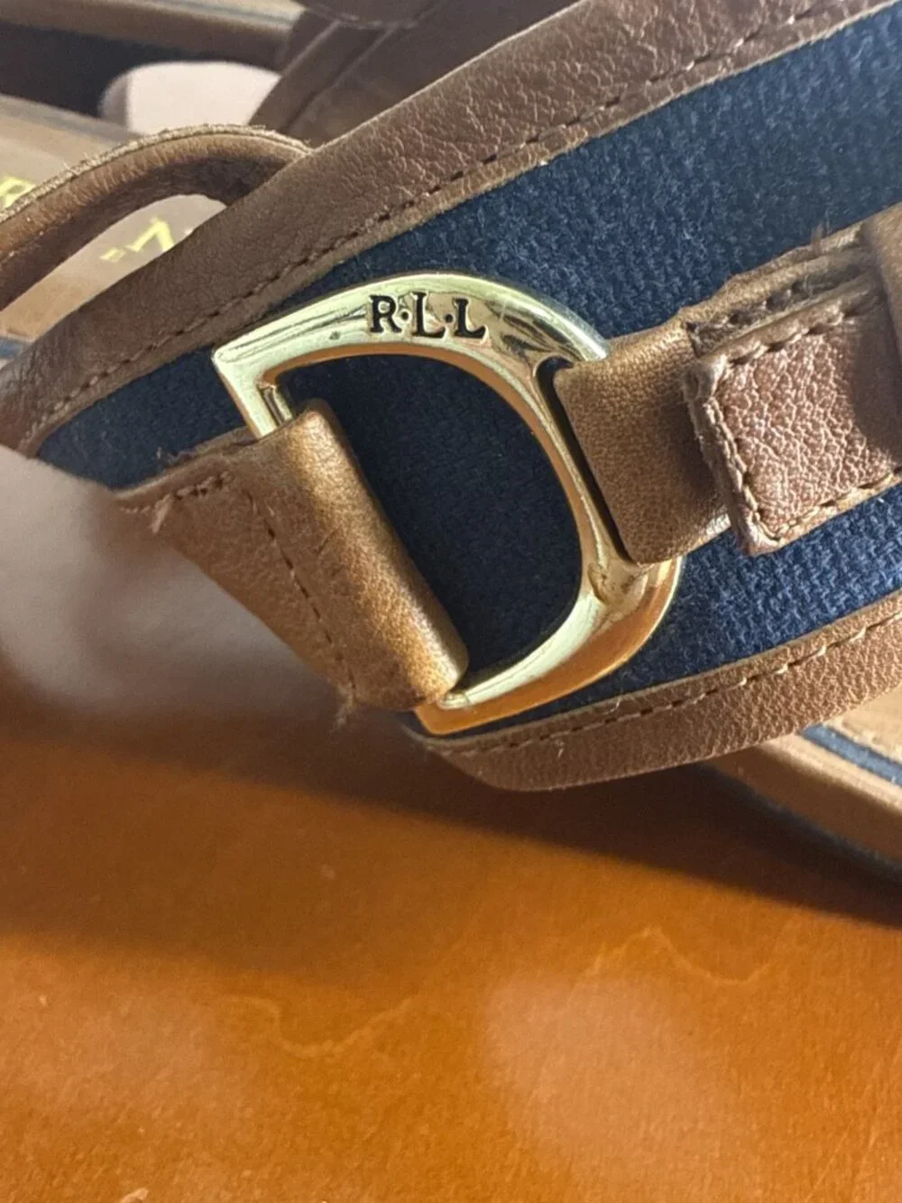Lauren Ralph Lauren Stap Back Sandle With 2” Heel Navy & Brown Leather 9.5B
